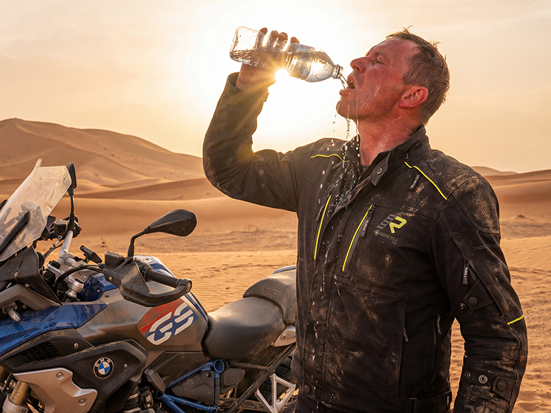 Man drinking bottle of water in Sahara wearing Rukka Nivala 3 jacket